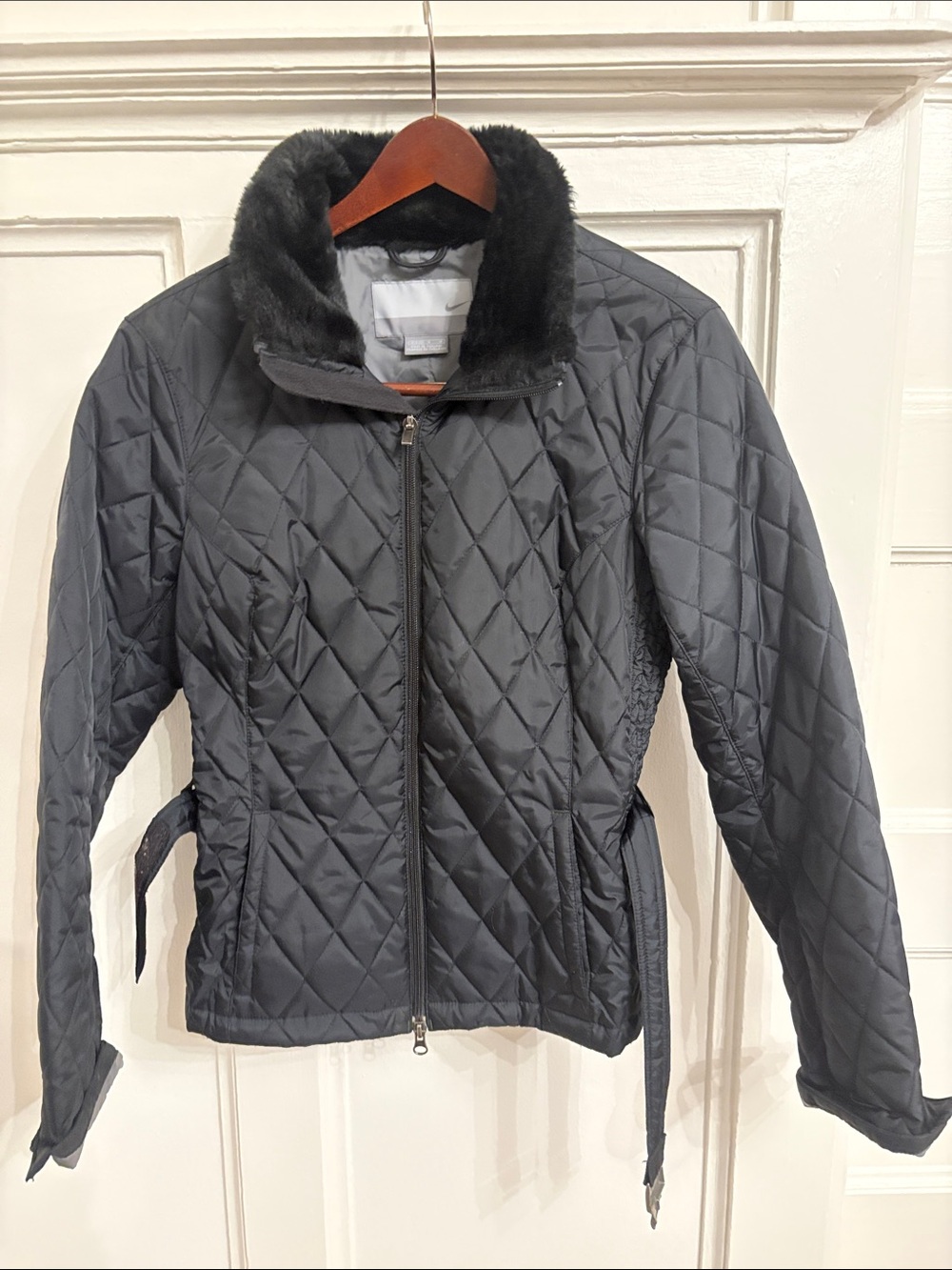 Nike Black Quilted Zip-Up Jacket with Faux Fur Collar